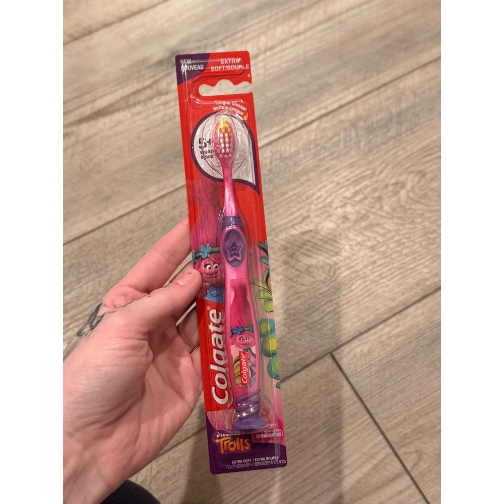 Colgate Trolls Kids Toothbrush Extra Soft Pink Manual Suction Cup Base Ages 5+